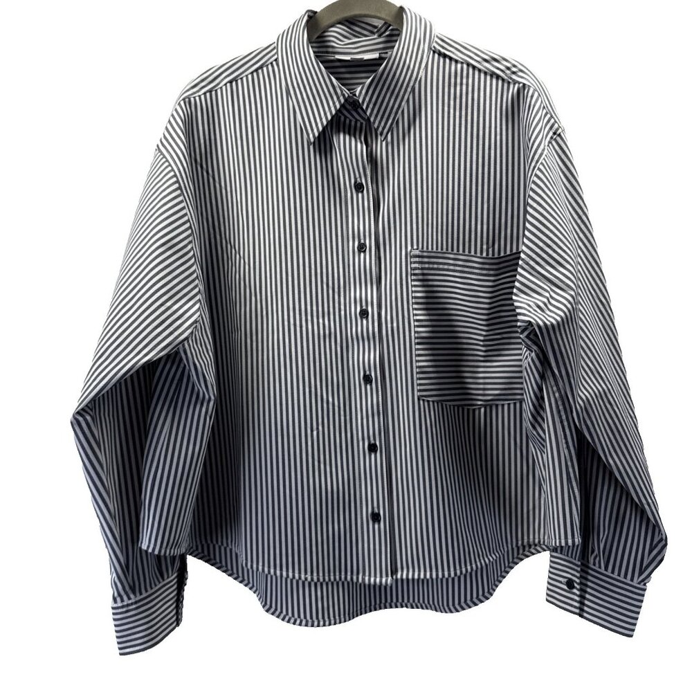 Chicos Women's Blouse Top Large 10 Gray Stripe Silky Feel Button‎ Up Long Sleeve